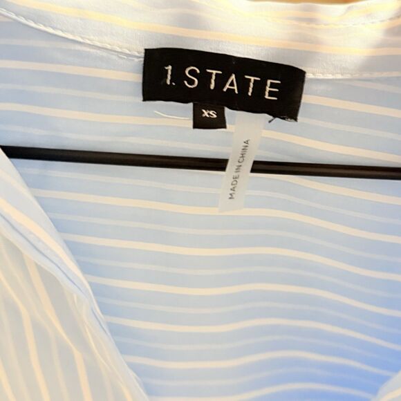 1.State Johnny Collar Gathered Waist Top Blue & White Vertical Stripe NWOT XS - Picture 4 of 8